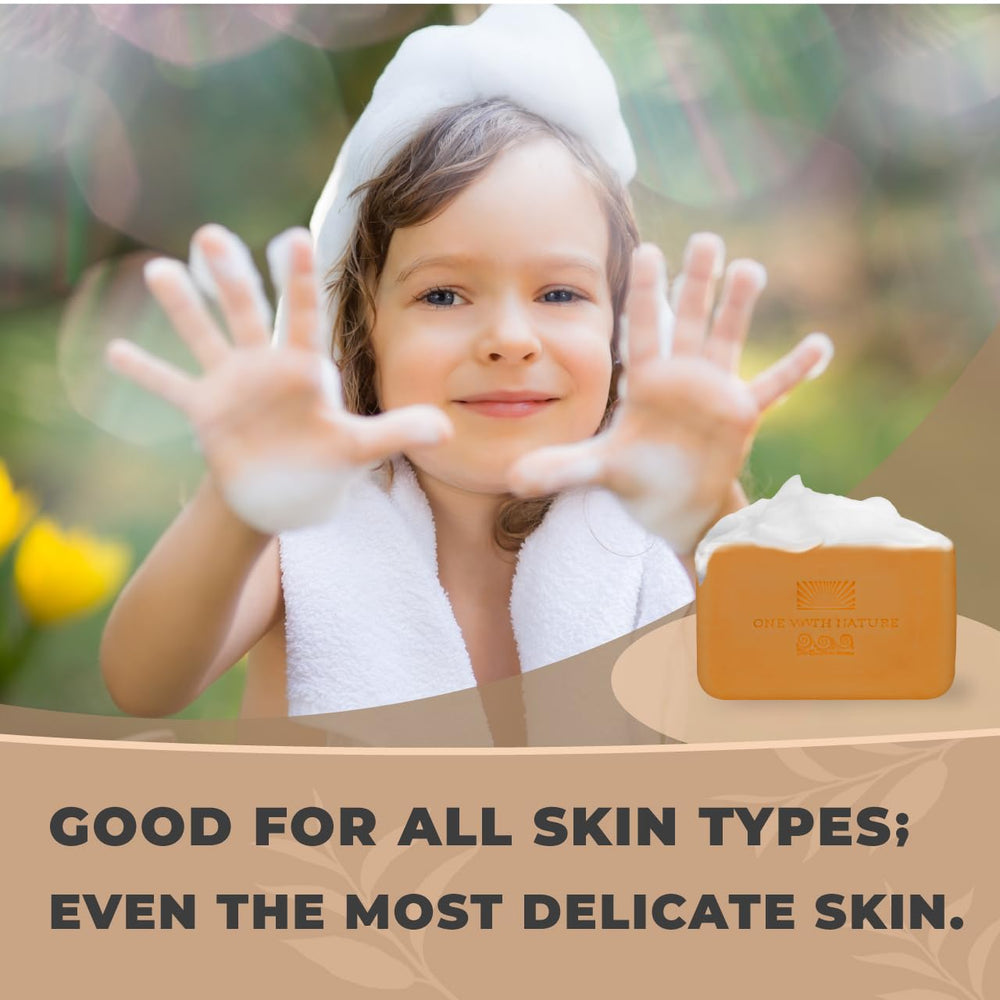 One With Nature soap lather on skin demonstrates gentle cleansing for face and body