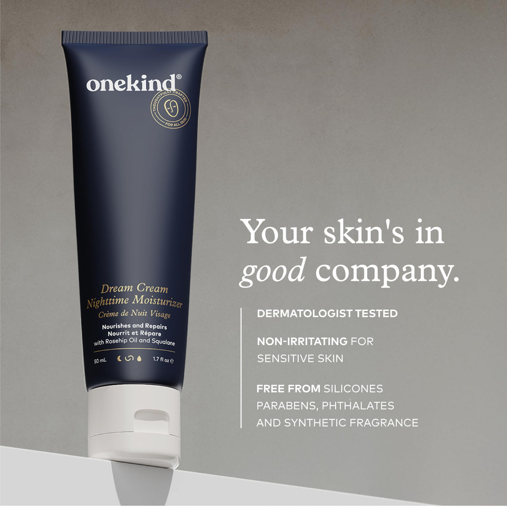 Onekind Night Moisturizer sits in a calm bathroom scene for nightly self-care.