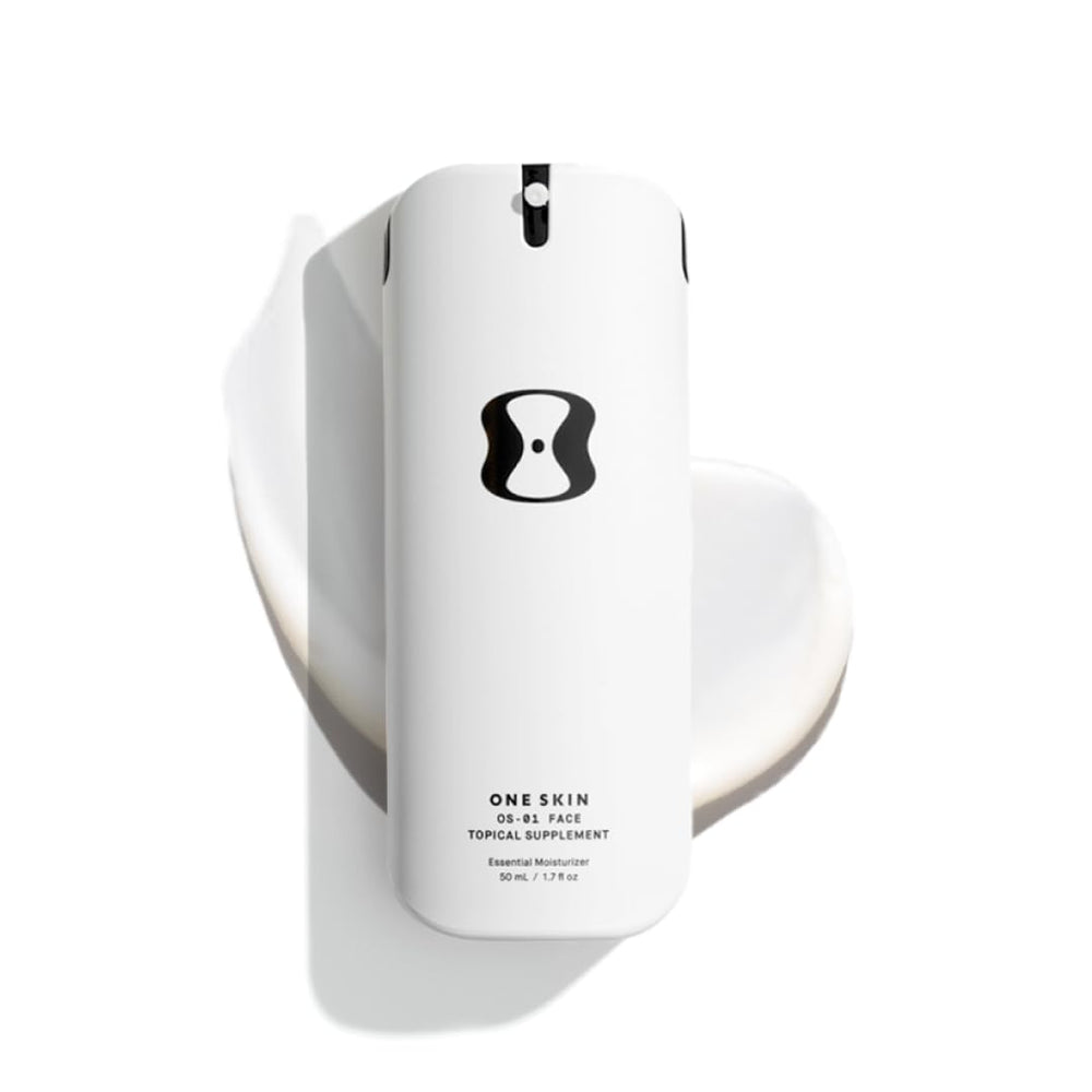 OneSkin OS-01 bottle close-up, fragrance-free peptide moisturizer for all skin types.