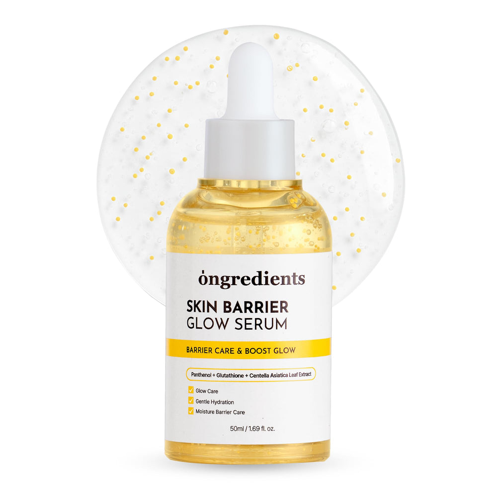 ONGREDIENTS Skin Barrier Glow Serum bottle shows barrier support for calm, radiant skin.