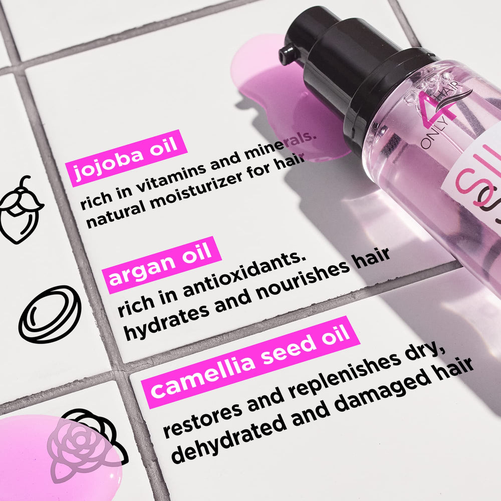ONLY4HAIR Silk Hair Oil gloss shot emphasizing lightweight hydration and shine