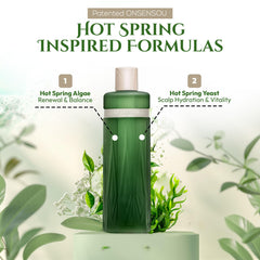 ONSENSOU hot spring yeast ingredients close-up promoting balanced scalp hydration.