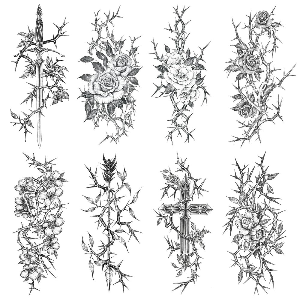Oottati sword-thorns-flower-rose-cross arm tattoo for bold festival looks.
