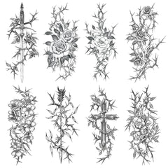 Oottati sword-thorns-flower-rose-cross arm tattoo for bold festival looks.