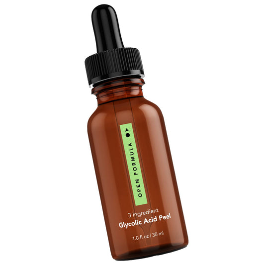 Open Formula Glycolic Acid 20% Peel bottle on display for a radiant glow