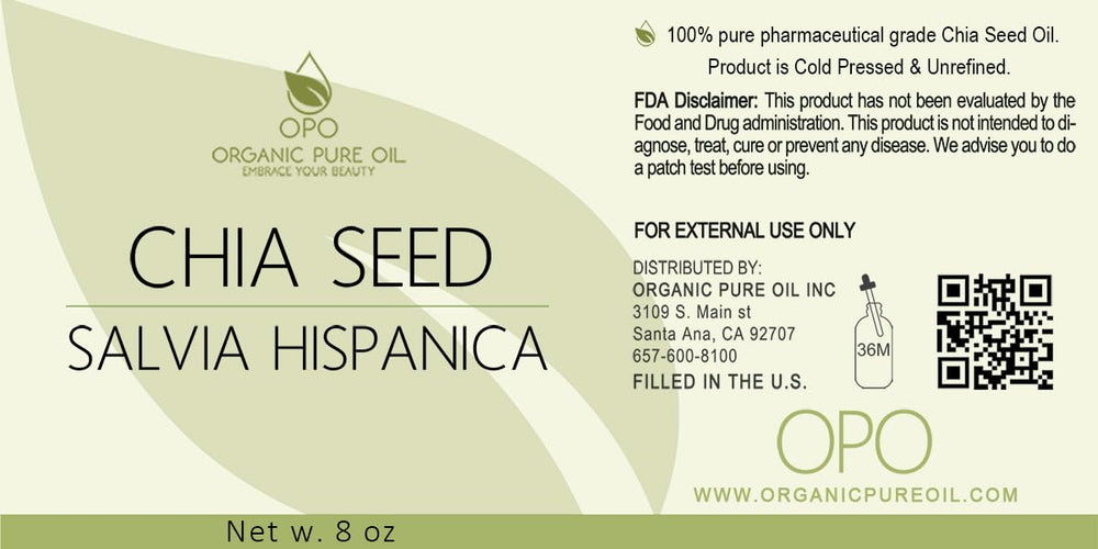 OPO chia seed oil glass bottle closeup showing purity.