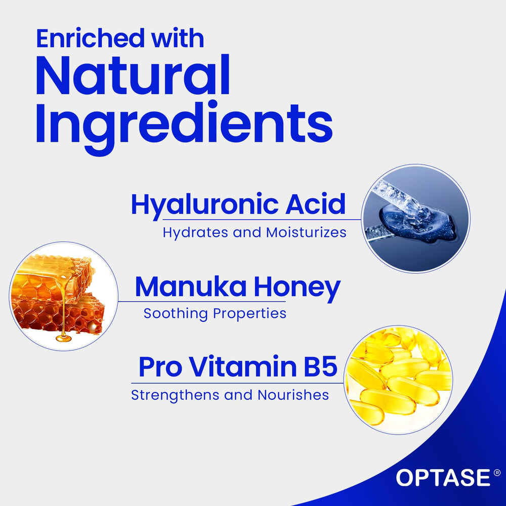 Hyaluronic acid and Pro Vitamin B5 nourish the eye area in Optase Life.