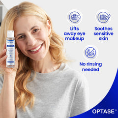Close-up of ionized water lifting makeup around the eye area with Optase Life.
