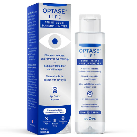 Optase Life sensitive eye makeup remover bottle demonstrates gentle cleansing for sensitive eyes.