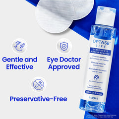 Optase Life removes waterproof mascara without rinsing, showing effective makeup removal.
