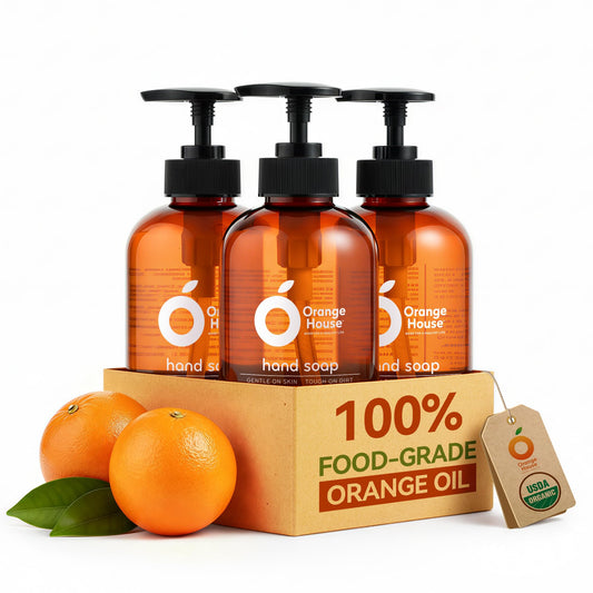 ORANGE HOUSE Liquid Hand Soap shows orange-oil bottle pour with a refreshing citrus cleanse.