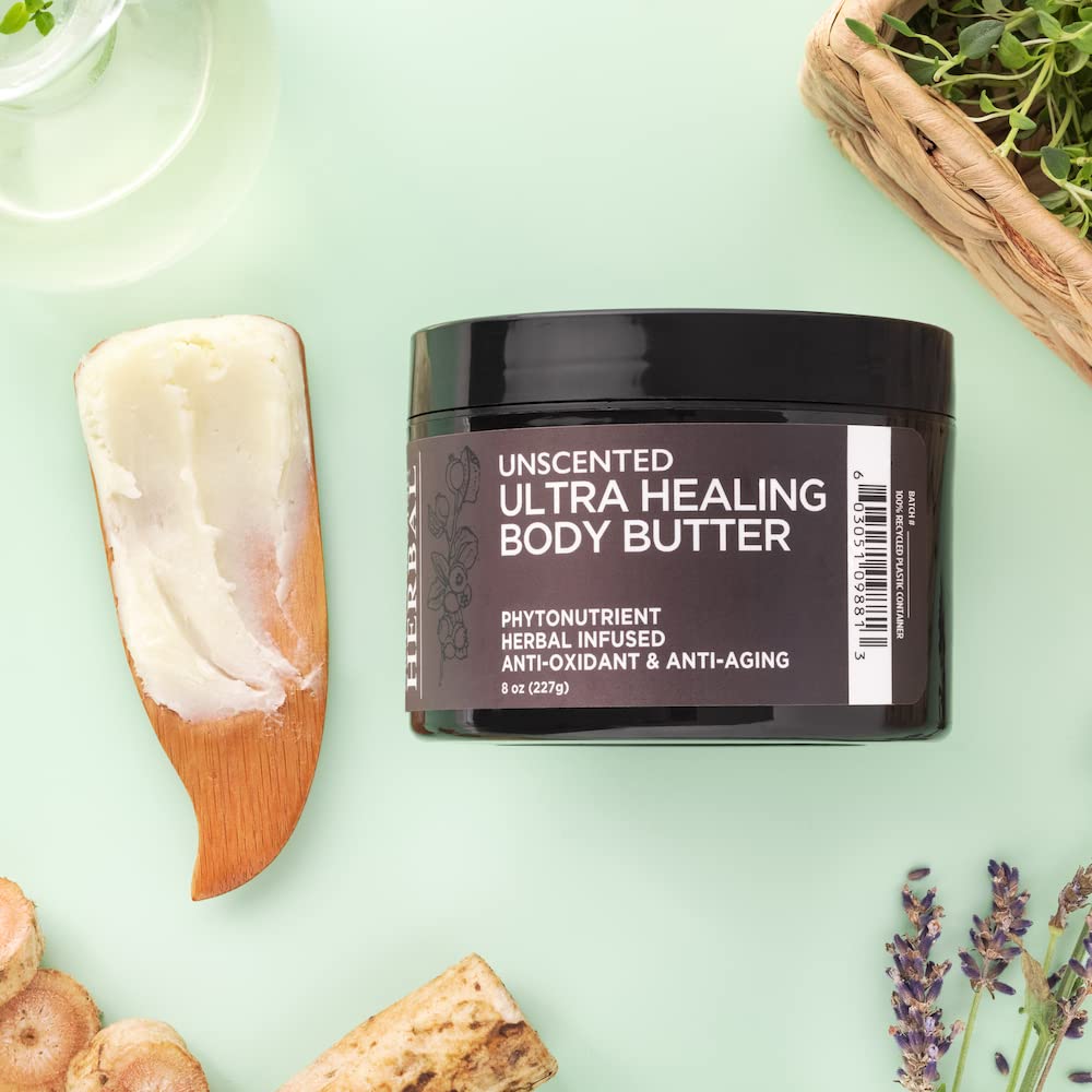 Natural shea butter plus herbal blend for nourishing skin.