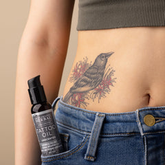 Ora's Amazing Herbal unscented tattoo oil close-up texture demonstrating absorption.