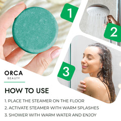 Orca Beauty Eucalyptus Peppermint shower tablets creating revitalizing steam in minutes.