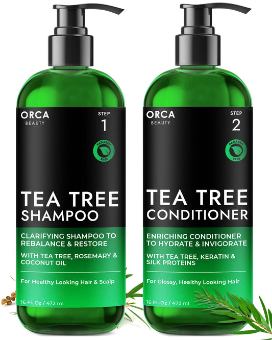 Orca Beauty Tea Tree Shampoo bottle with clear label for a natural cleanse