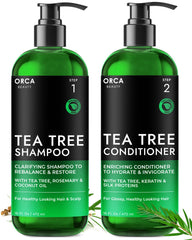 Orca Beauty Tea Tree Shampoo bottle with clear label for a natural cleanse