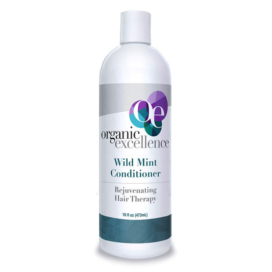 Organic Excellence Wild Mint Conditioner bottle promotes silky hydration for daily hair care.