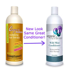 Organic Excellence Wild Mint Conditioner label highlights safe, toxin-free formula.