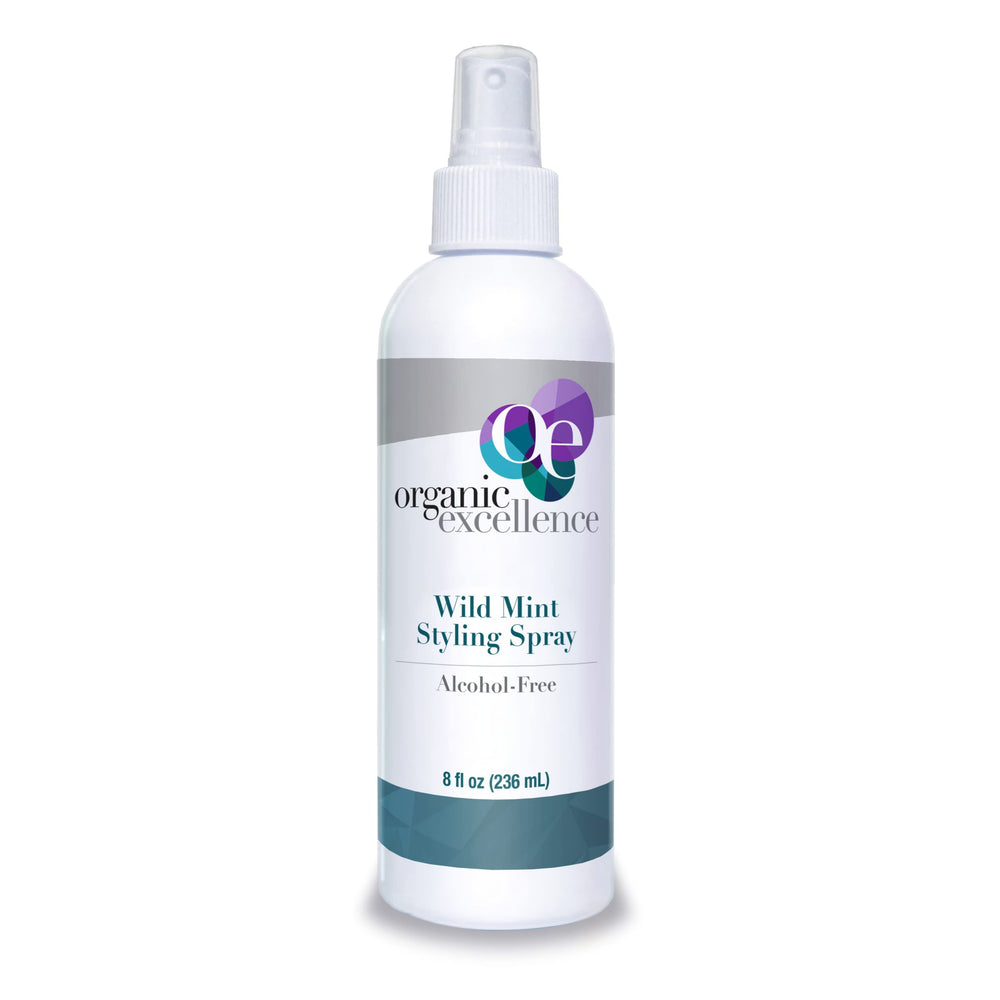 Organic Excellence Wild Mint Styling Spray application demonstrates easy daily styling and volume.
