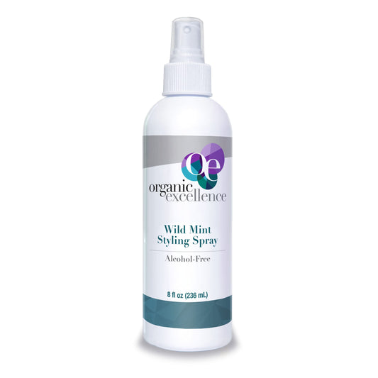 Organic Excellence Wild Mint Styling Spray application demonstrates easy daily styling and volume.