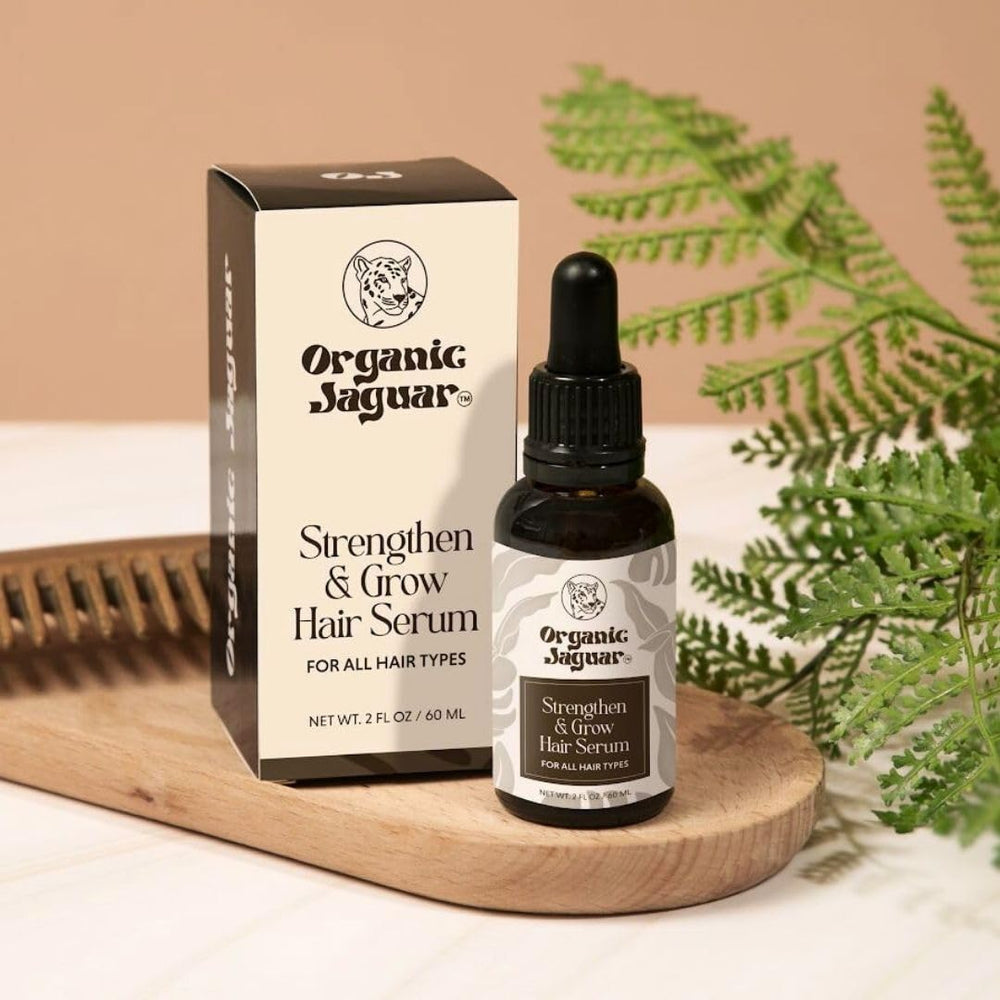 Organic Jaguar Organic Hair Serum dropper highlights fortifying oils for fuller-looking hair.