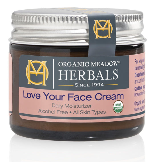 Organic Meadow Herbals Love Your Face Cream 2oz tube – smooth hydration for daily use