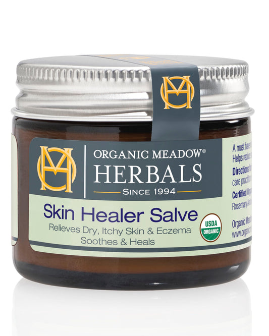 Organic Meadow Herbals Skin Healer Salve bottle front view, fragrance-free soothing for irritated skin