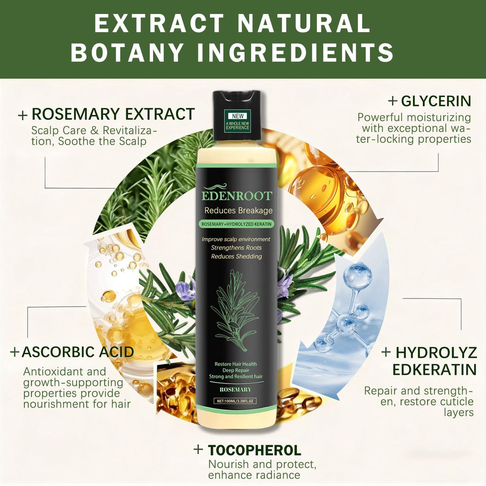 Close-up label of Organic Rosemary Hair Growth Shampoo highlighting natural ingredients and sulfate-free formula
