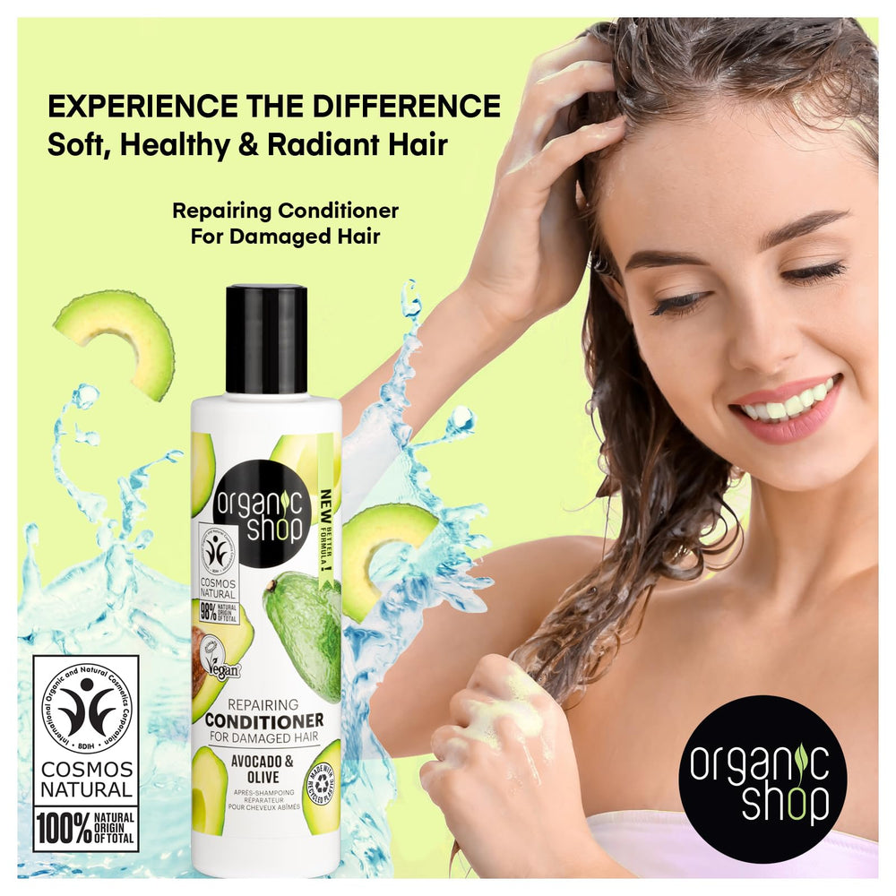 Organic Shop Avocado Repairing Conditioner being applied for detangling and shine