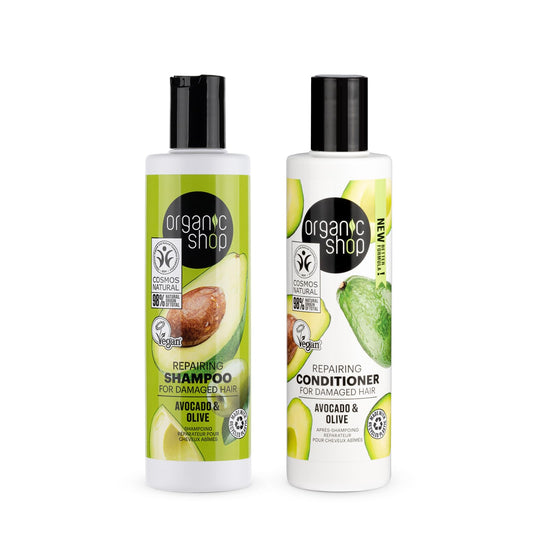 Organic Shop Avocado Repairing Shampoo bottle showing deep hydration for dry hair