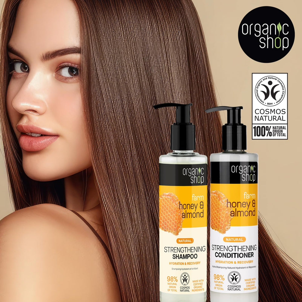 Organic Shop Honey & Almond Conditioner bottle promoting smoother, more manageable hair