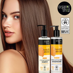 Organic Shop Honey & Almond Conditioner bottle promoting smoother, more manageable hair