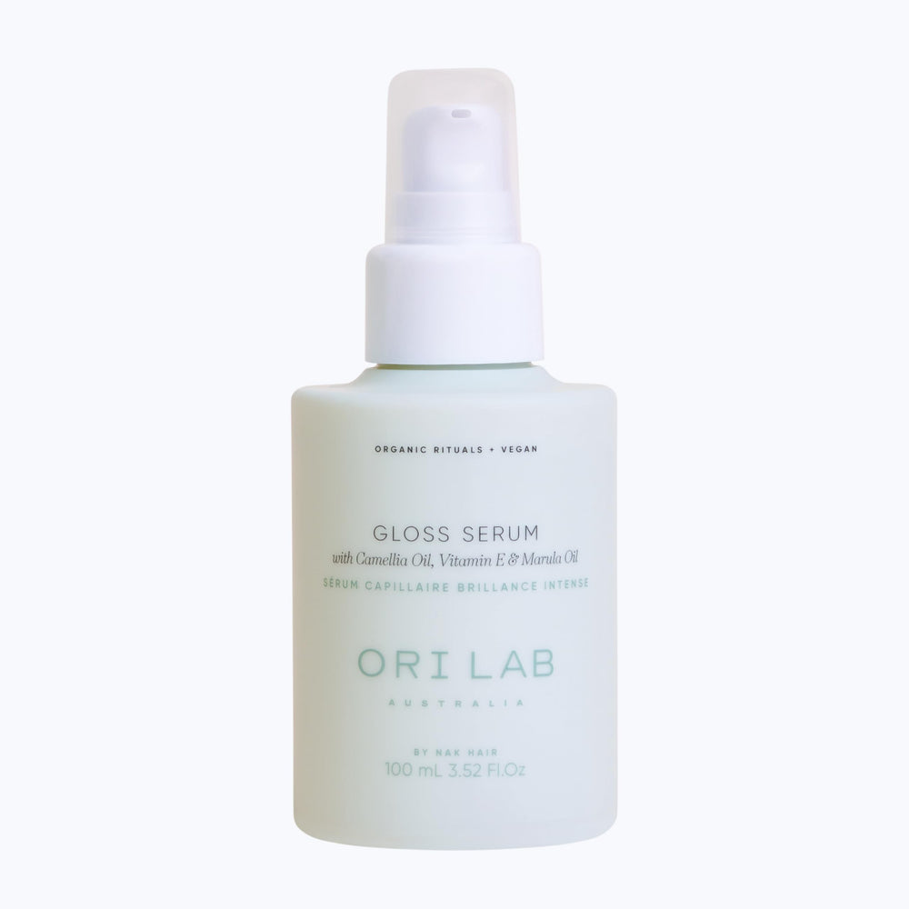 ORI LAB Gloss Serum bottle front for a glossy, frizz-free finish.
