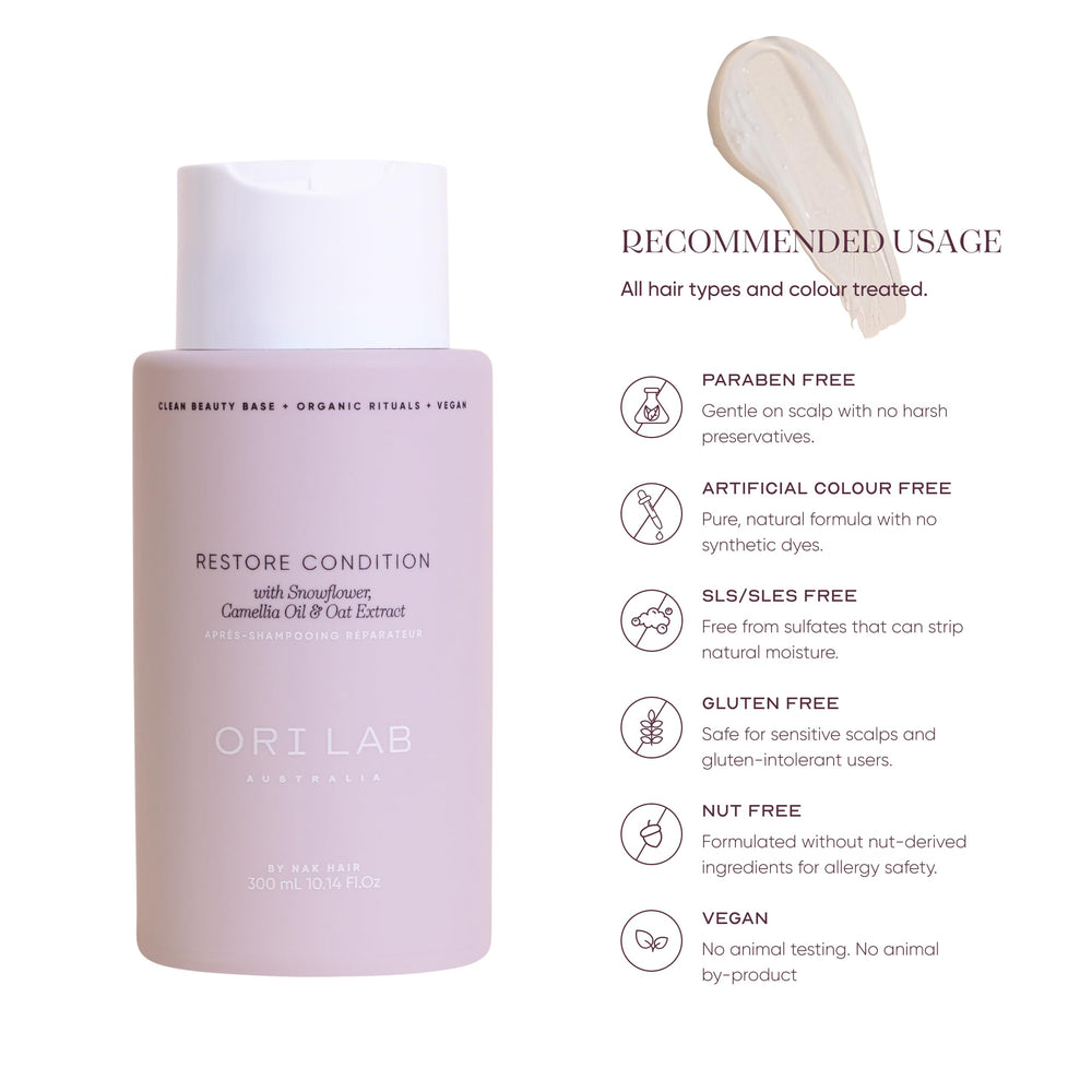 ORI LAB Restore Condition ingredient-swatch reveals Snowflower, Camellia oil and oats.