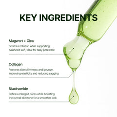 Orien Mugwort Collagen Serum diagram highlights ceramides and hyaluronic acid.