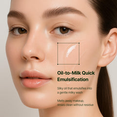 Orien Mugwort Zero Film Cleansing Oil texture close-up shows silky rinse-clean finish.