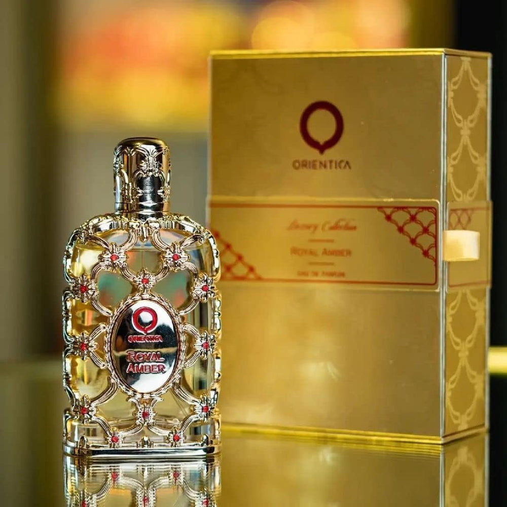 Orientica Royal Amber Discovery set layout showing bottle and mini perfume.