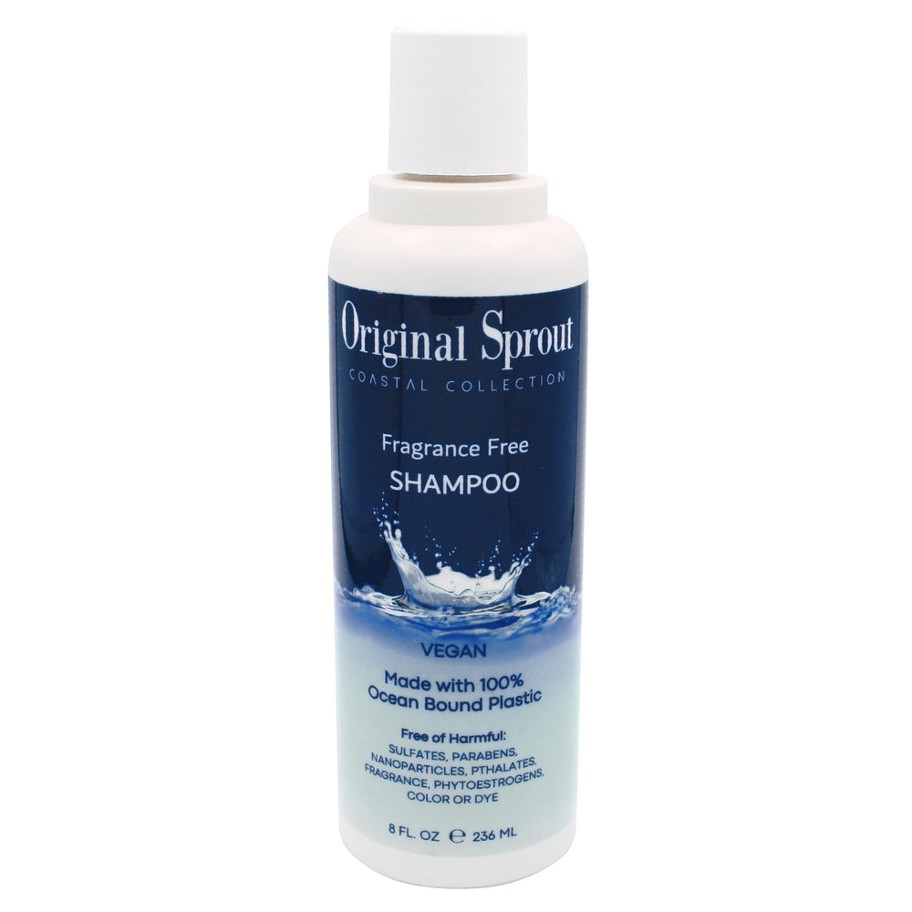 Original Sprout Coastal Collection Shampoo bottle on shelf, fragrance-free formula for sensitive scalps.