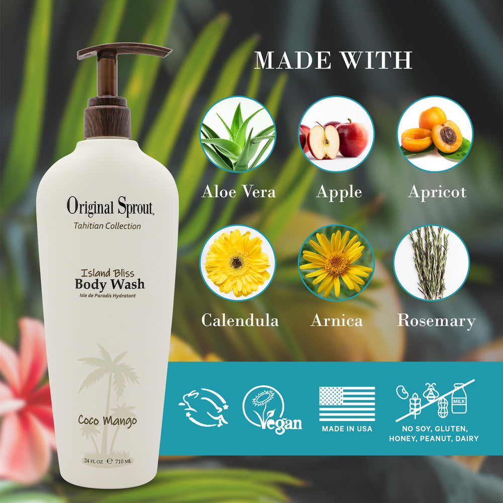 Original Sprout Island Bliss Body Wash lather shows creamy coconut mango texture for a smooth cleanse.