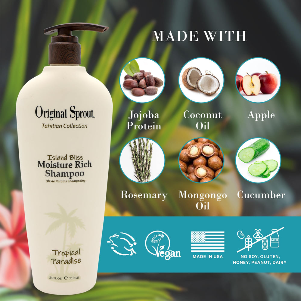 Original Sprout Island Bliss Shampoo foam illustrates gentle cleansing with balanced pH.