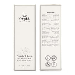 Orphi Radiance C Serum highlights ferulic acid and vitamin E.