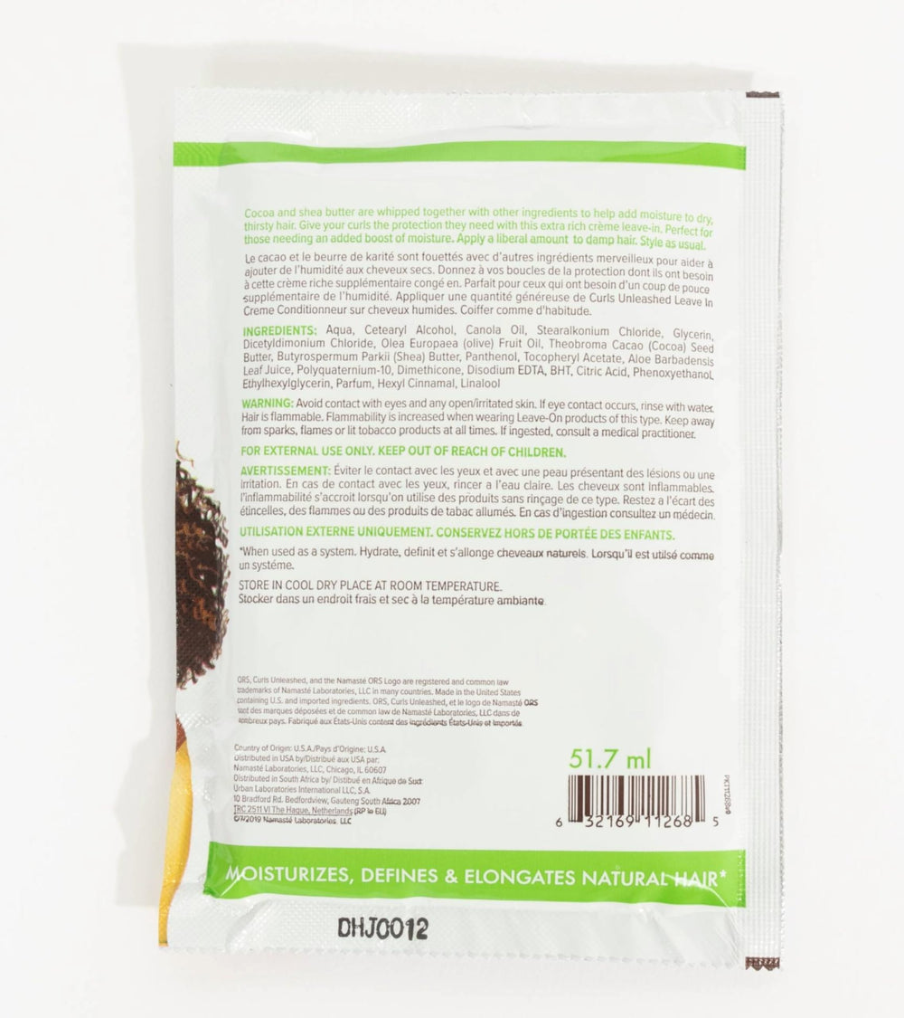 Close-up of ORS Curls Unleashed packaging, travel-friendly design.