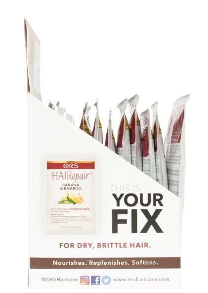 Close-up of applying ORS HaiRepair banana-bamboo conditioner on detangled hair