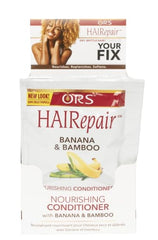 ORS HaiRepair banana-bamboo conditioner travel pack displaying 12 sachets for dry hair