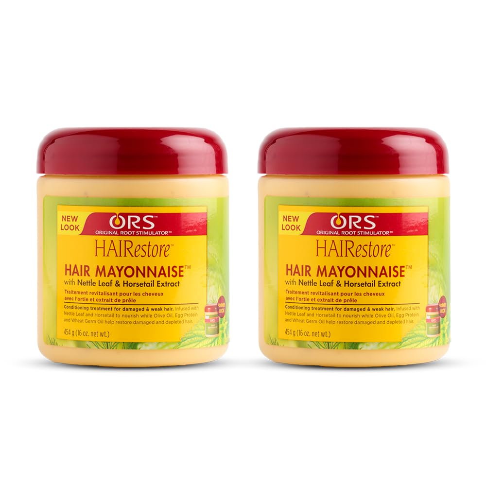 ORS HairRestore Hair Mayonnaise jar close-up showing rich cream for deep conditioning.