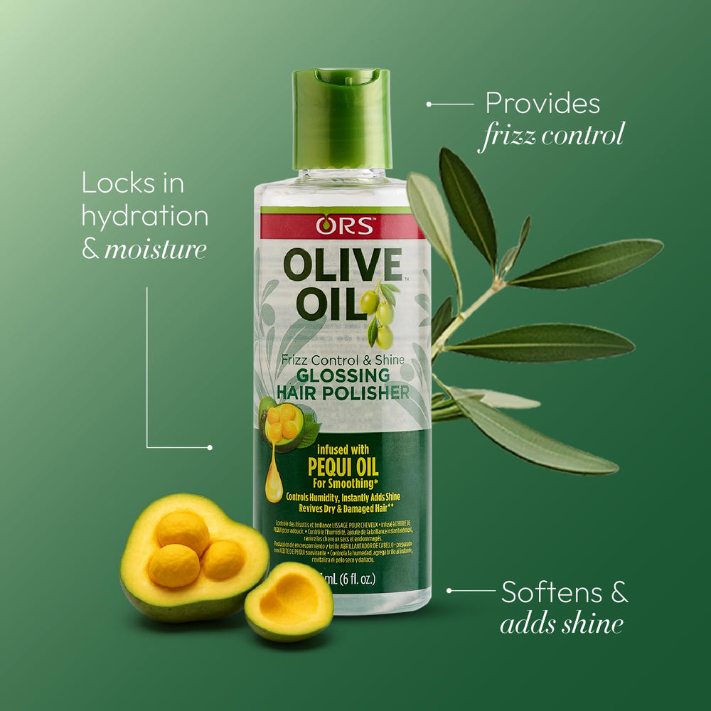 ORS Olive Oil Anti-Frizz Glossing Hair Polisher elegant shine with frizz protection.