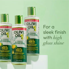 ORS Olive Oil Anti-Frizz Glossing Hair Polisher on damp hair mid-shots.
