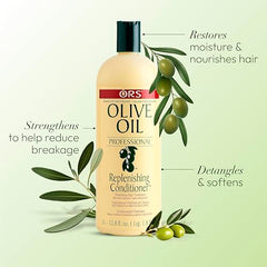 ORS Olive Oil Replenishing Conditioner liquid texture hints at easy slip for detangling