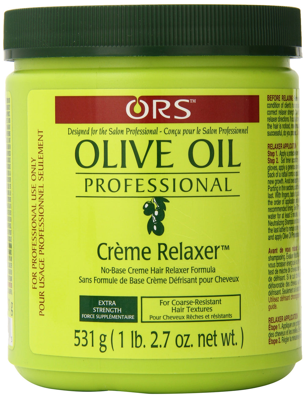 ORS Olive Oil Creme Relaxer jar close-up highlights extra strength formula for home use