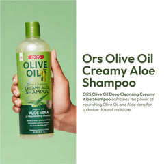 ORS Olive Oil Deep Cleansing Shampoo close-up reveals creamy texture ready for scalp massage.